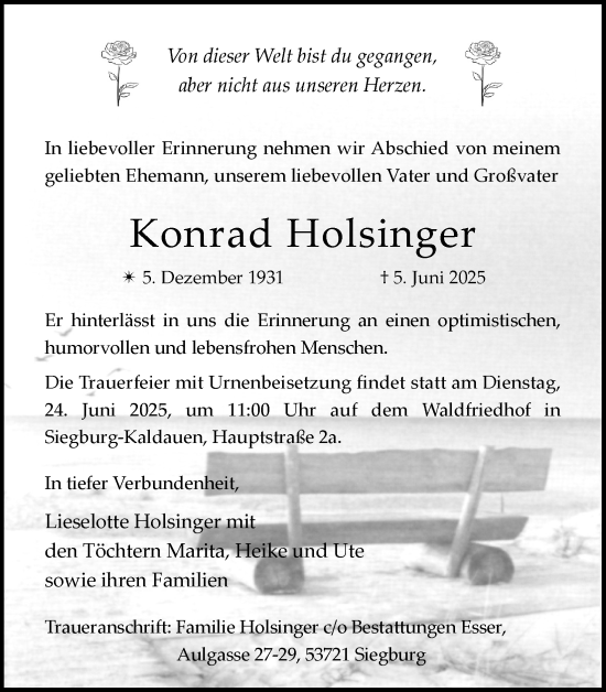 Anzeige von Konrad Holsinger von Kölner Stadt-Anzeiger / Kölnische Rundschau / Express
