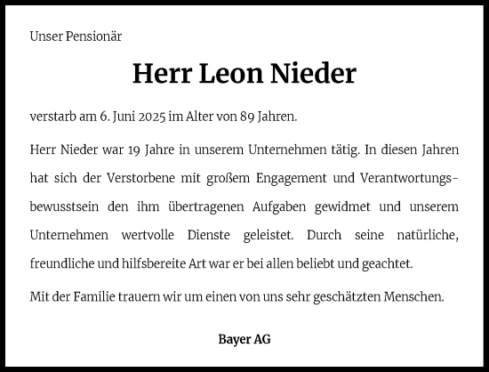 Anzeige von Leon Nieder von Kölner Stadt-Anzeiger / Kölnische Rundschau / Express