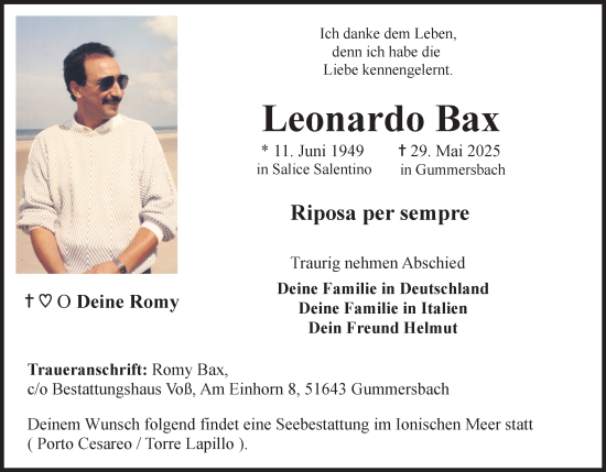 Anzeige von Leonardo Bax von Kölner Stadt-Anzeiger / Kölnische Rundschau / Express