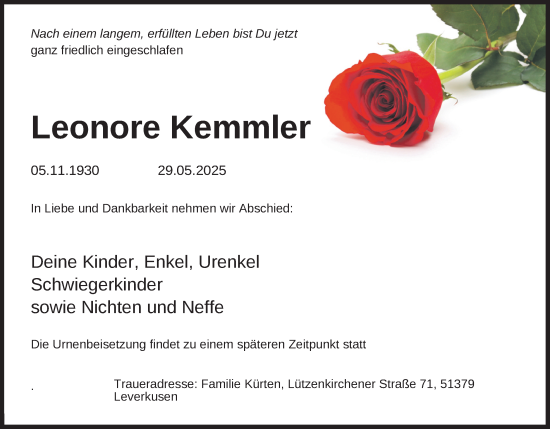 Anzeige von Leonore Kemmler von Kölner Stadt-Anzeiger / Kölnische Rundschau / Express