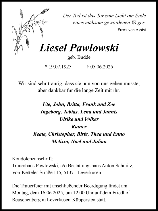 Anzeige von Liesel Pawlowski von Kölner Stadt-Anzeiger / Kölnische Rundschau / Express