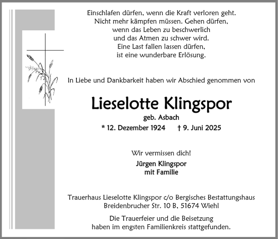 Anzeige von Lieselotte Klingspor von  Anzeigen Echo 