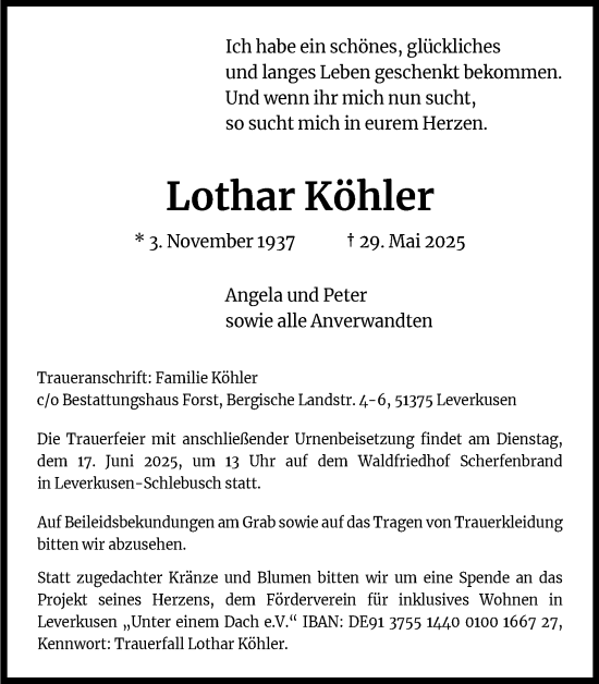 Anzeige von Lothar Köhler von Kölner Stadt-Anzeiger / Kölnische Rundschau / Express