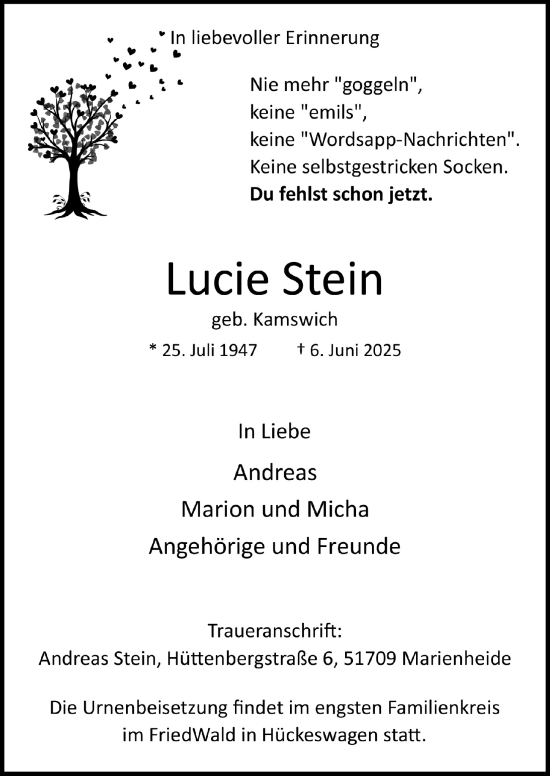 Anzeige von Lucie Stein von  Anzeigen Echo 