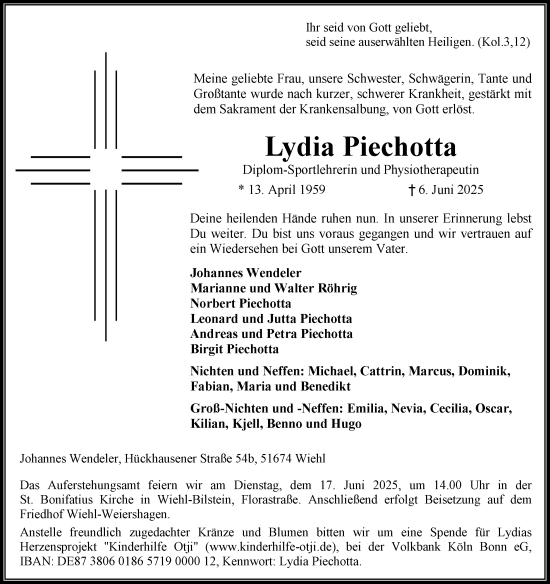 Anzeige von Lydia Piechotta von Kölner Stadt-Anzeiger / Kölnische Rundschau / Express