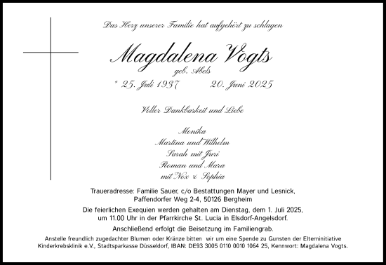 Anzeige von Magdalena Vogts von Kölner Stadt-Anzeiger / Kölnische Rundschau / Express