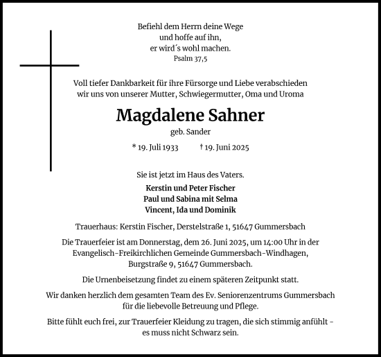 Anzeige von Magdalene Sahner von Kölner Stadt-Anzeiger / Kölnische Rundschau / Express