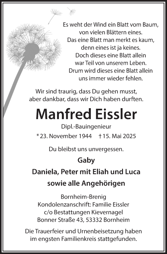 Anzeige von Manfred Eissler von  Schaufenster/Blickpunkt 