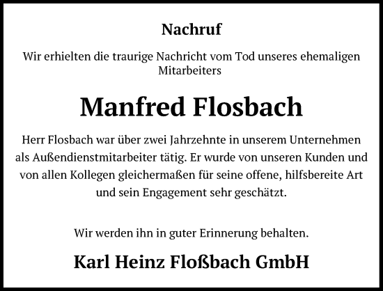 Anzeige von Manfred Flosbach von Kölner Stadt-Anzeiger / Kölnische Rundschau / Express