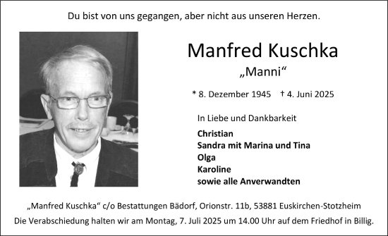 Anzeige von Manfred Kuschka von  Blickpunkt Euskirchen 