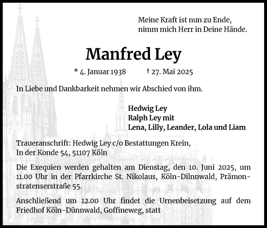 Anzeige von Manfred Ley von Kölner Stadt-Anzeiger / Kölnische Rundschau / Express
