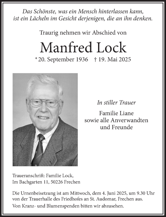 Anzeige von Manfred Lock von  Wochenende 