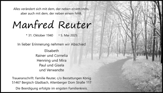 Anzeige von Manfred Reuter von  Bergisches Handelsblatt 