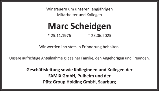 Anzeige von Marc Scheidgen von  Wochenende 
