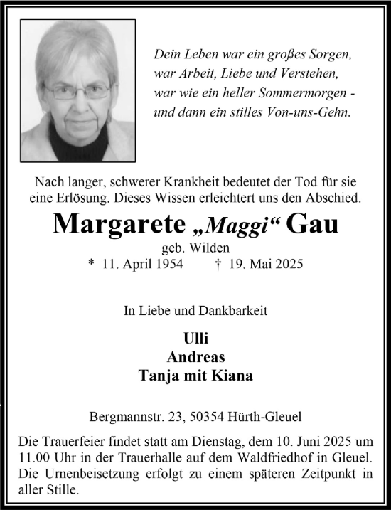 Anzeige von Margarete Gau von  Wochenende 
