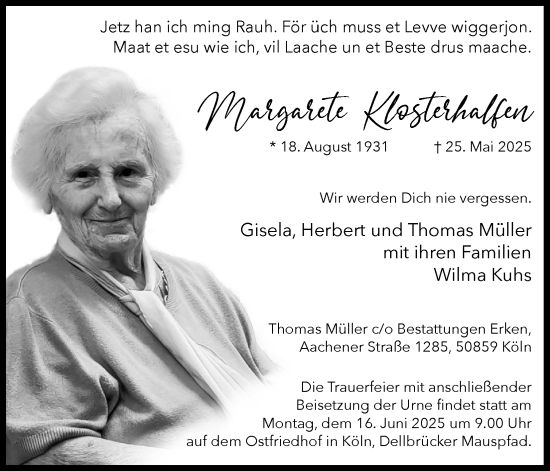 Anzeige von Margarete Klosterhalfen von Kölner Stadt-Anzeiger / Kölnische Rundschau / Express