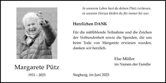 Anzeige von Margarete Pütz von Kölner Stadt-Anzeiger / Kölnische Rundschau / Express