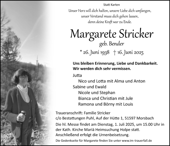 Anzeige von Margarete Stricker von  Lokalanzeiger 