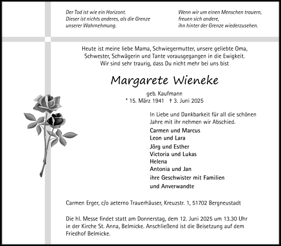 Anzeige von Margarete Wieneke von Kölner Stadt-Anzeiger / Kölnische Rundschau / Express