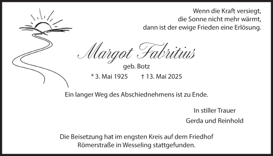 Anzeige von Margot Fabritius von  Schlossbote/Werbekurier 