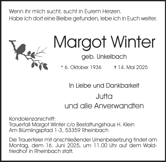 Anzeige von Margot Winter von  Schaufenster/Blickpunkt 