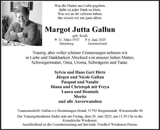 Anzeige von Margot Jutta Gallun von Kölner Stadt-Anzeiger / Kölnische Rundschau / Express