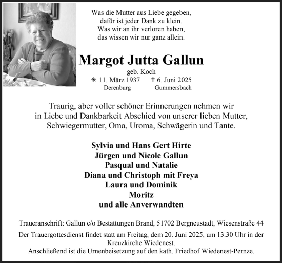 Anzeige von Margot Jutta Gallun von  Anzeigen Echo 