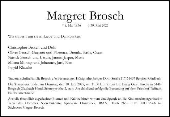 Anzeige von Margret Brosch von Kölner Stadt-Anzeiger / Kölnische Rundschau / Express