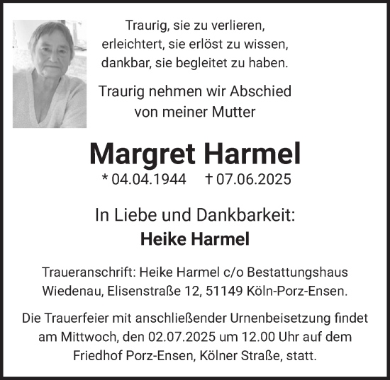 Anzeige von Margret Harmel von  EXPRESS - Die Woche 
