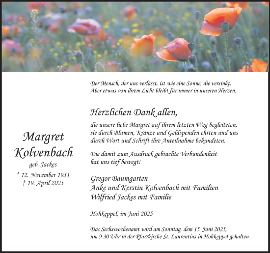 Anzeige von Margret Kolvenbach von Kölner Stadt-Anzeiger / Kölnische Rundschau / Express