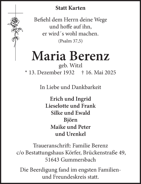 Anzeige von Maria Berenz von  Anzeigen Echo 