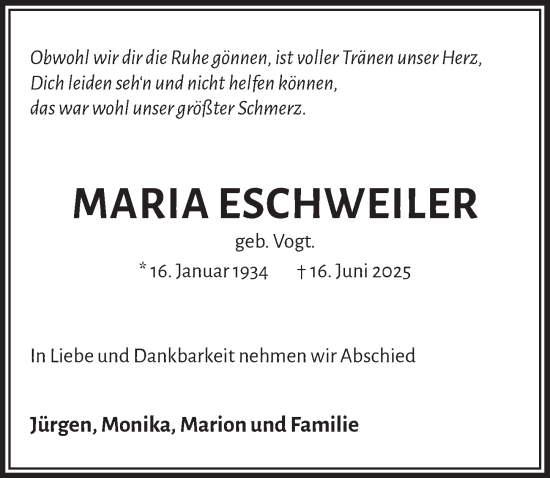 Anzeige von Maria Eschweiler von  Werbepost 