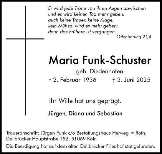 Anzeige von Maria Funk-Schuster von Kölner Stadt-Anzeiger / Kölnische Rundschau / Express