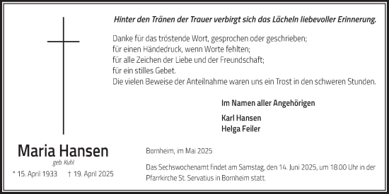 Anzeige von Maria Hansen von  Schaufenster/Blickpunkt 