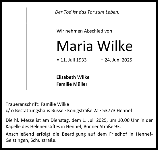 Anzeige von Maria Wilke von Kölner Stadt-Anzeiger / Kölnische Rundschau / Express