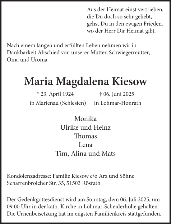 Anzeige von Maria Magdalena Kiesow von  Bergisches Handelsblatt 