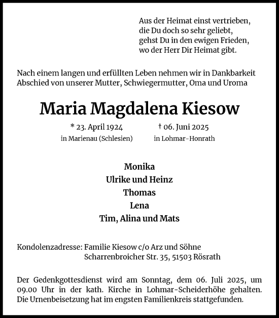 Anzeige von Maria Magdalena Kiesow von Kölner Stadt-Anzeiger / Kölnische Rundschau / Express