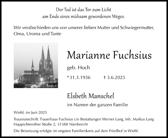 Anzeige von Marianne Fuchsius von  Anzeigen Echo 