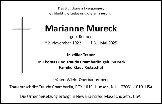 Anzeige von Marianne Mureck von  Anzeigen Echo 