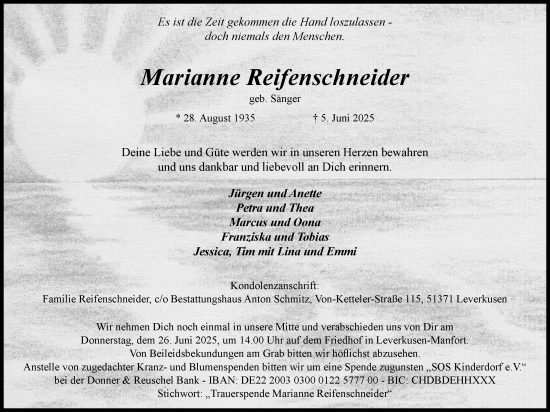 Anzeige von Marianne Reifenschneider von Kölner Stadt-Anzeiger / Kölnische Rundschau / Express