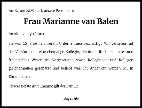 Anzeige von Marianne van Balen von Kölner Stadt-Anzeiger / Kölnische Rundschau / Express
