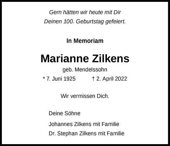 Anzeige von Marianne Zilkens von Kölner Stadt-Anzeiger / Kölnische Rundschau / Express