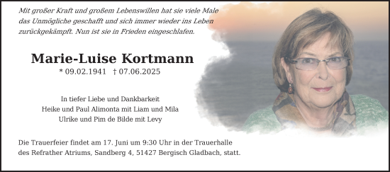 Anzeige von Marie-Luise Kortmann von Kölner Stadt-Anzeiger / Kölnische Rundschau / Express