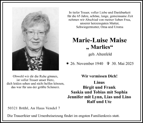 Anzeige von Marie-Luise Maise von  Schlossbote/Werbekurier 