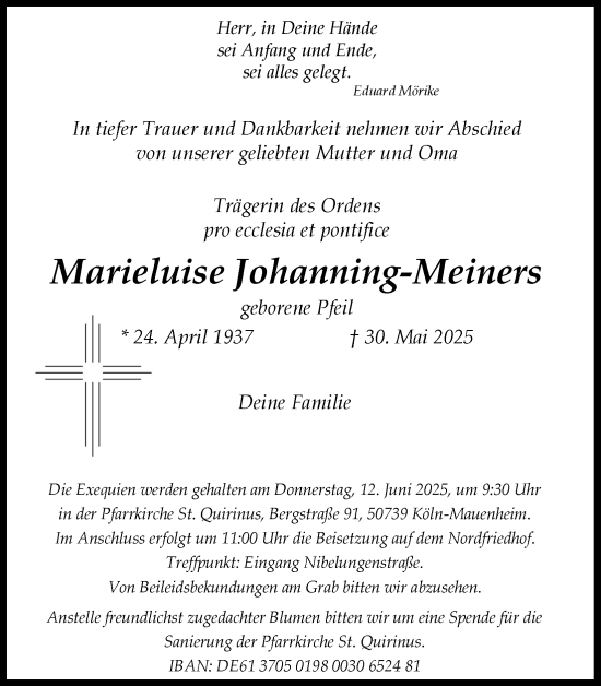 Anzeige von Marieluise Johanning-Meiners von Kölner Stadt-Anzeiger / Kölnische Rundschau / Express