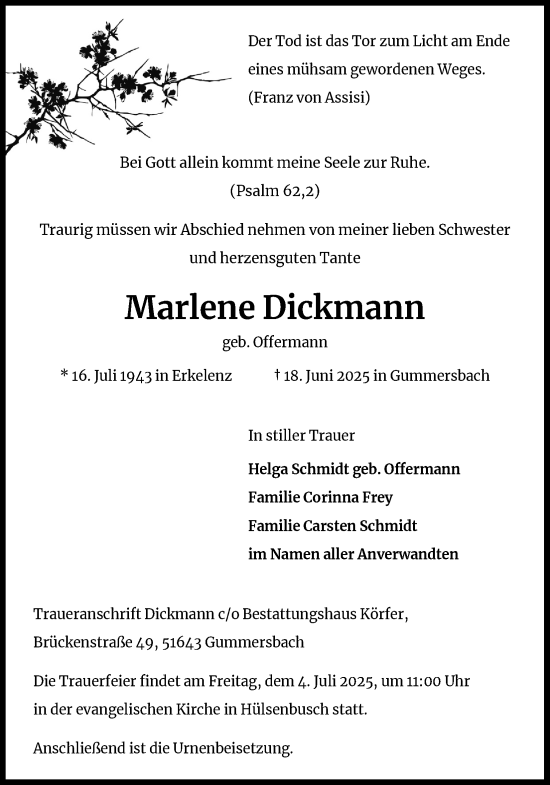 Anzeige von Marlene Dickmann von Kölner Stadt-Anzeiger / Kölnische Rundschau / Express
