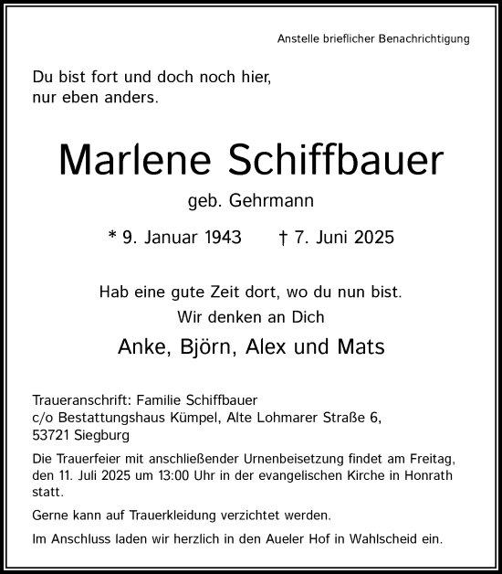 Anzeige von Marlene Schiffbauer von Kölner Stadt-Anzeiger / Kölnische Rundschau / Express