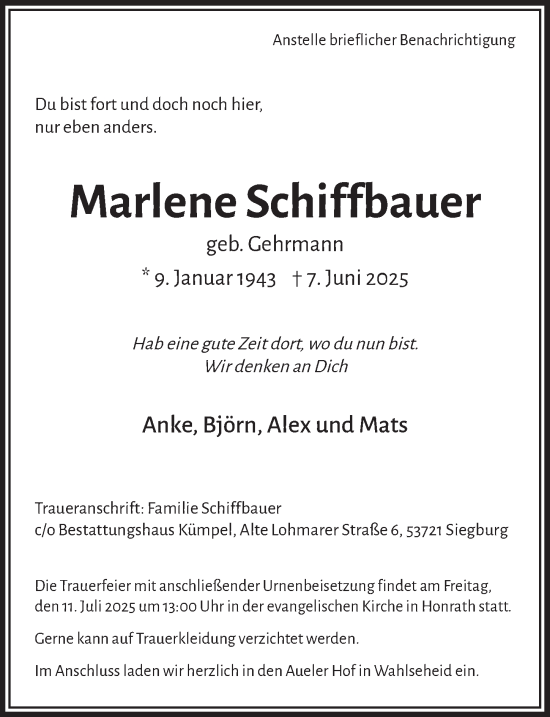 Anzeige von Marlene Schiffbauer von  Extra Blatt 