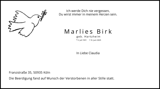 Anzeige von Marlies Birk von Kölner Stadt-Anzeiger / Kölnische Rundschau / Express