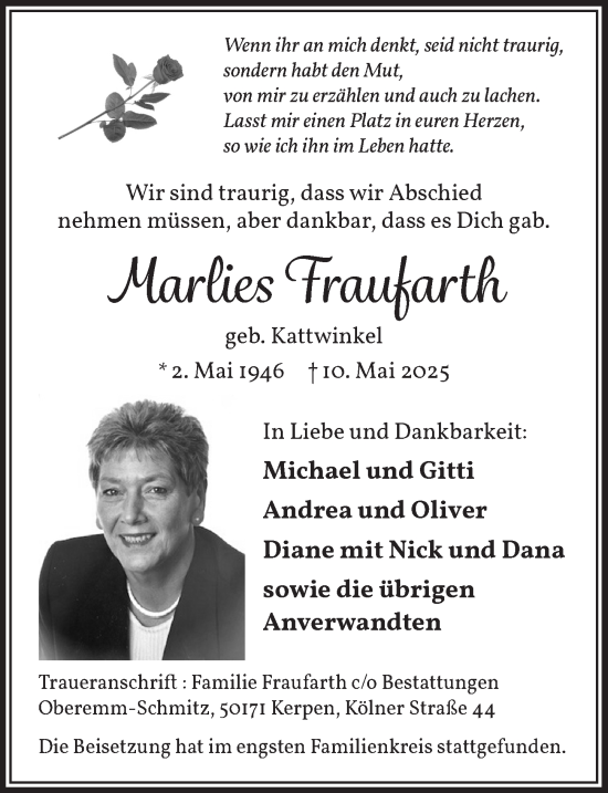 Anzeige von Marlies Fraufarth von  Werbepost 